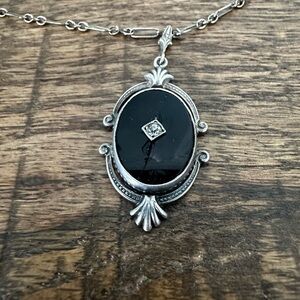 Art Deco Sterling Silver Onyx Pendant Necklace | Vintage